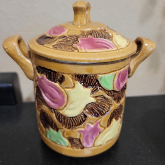 Majolica Jam Jar/ Condensed Milk Jar * Flowers Made in Japan * VINTAGE - Picture 1 of 5